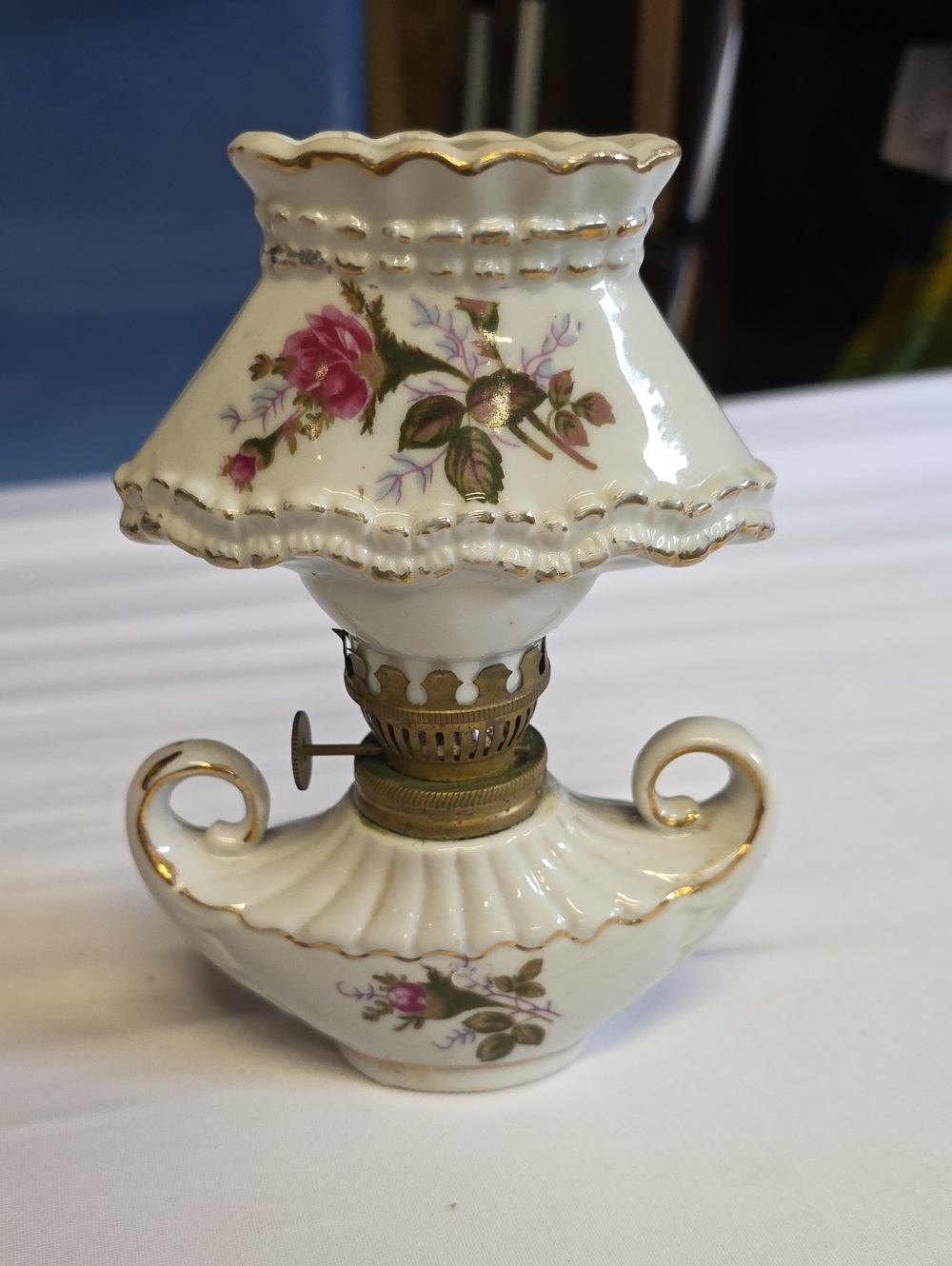 Vintage Porcelain Miniature Oil Lamp,  "Moss Rose" Floral Design